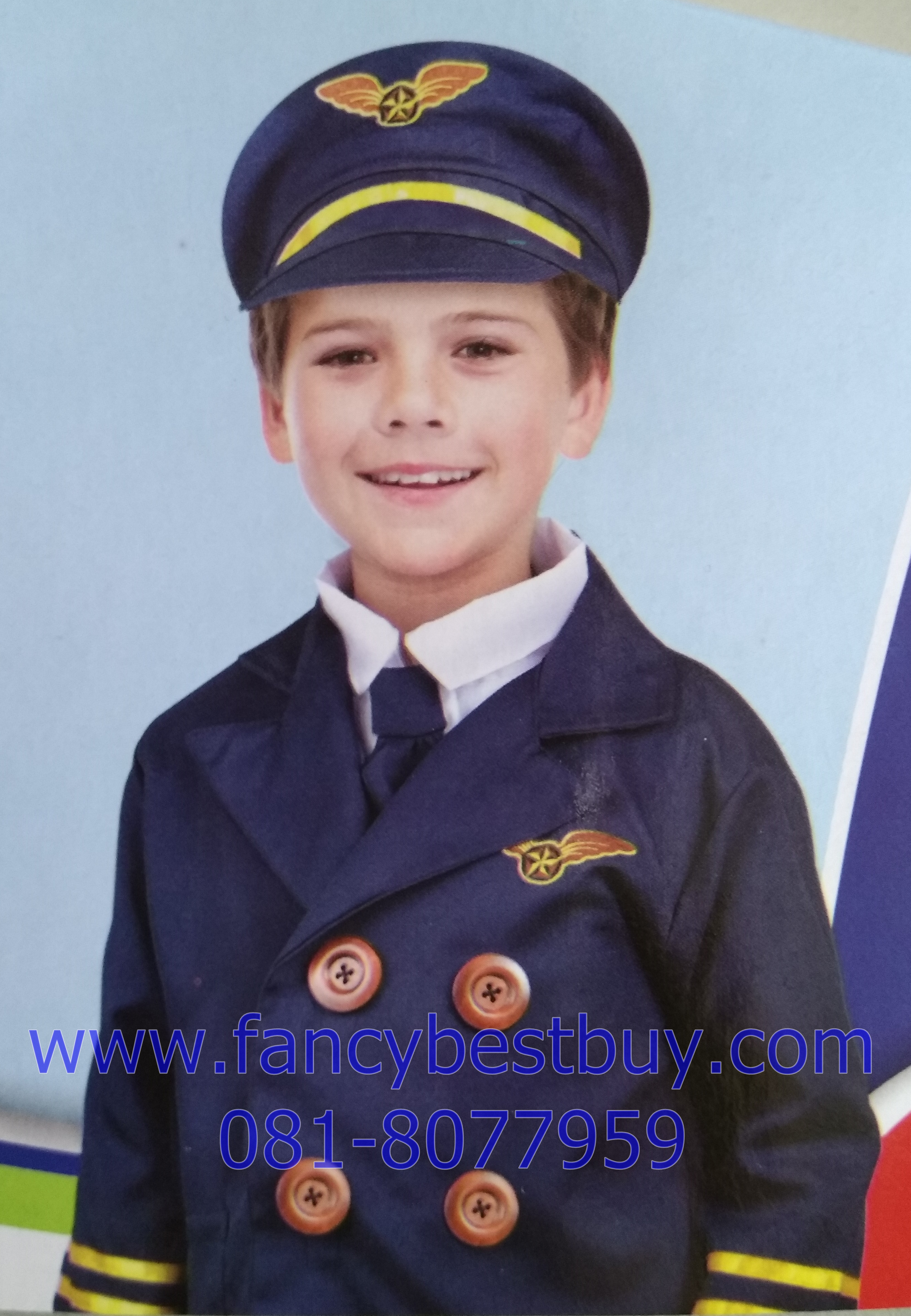 ชุดแฟนซีกัปตันนักบิน Captain Pilot (เสื้อสูท-เสื้อเชิ๊ต-เนทไท+หมวก) ฟรีไซด์ สำหรับเด็ก 95-125 ซม. อายุ 3-7 ขวบ