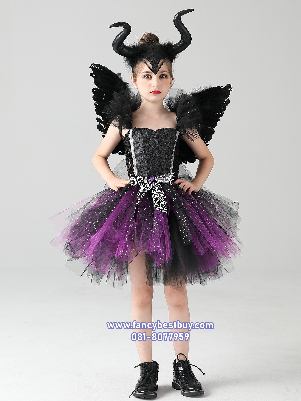 ชุดแฟนซีเด็ก ชุดมาเลฟิเซนต์ นางฟ้าปีศาจ Maleficent ชุดแฟนซีผู้หญิง (ชุดกระโปรงสั้น+เขา+ปีก) ขนาด M105-115, XL 125-140