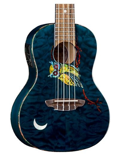 Luna Guitars Owl Quilt Top Concert Acoustic-Electric Ukulele Transparent Blue