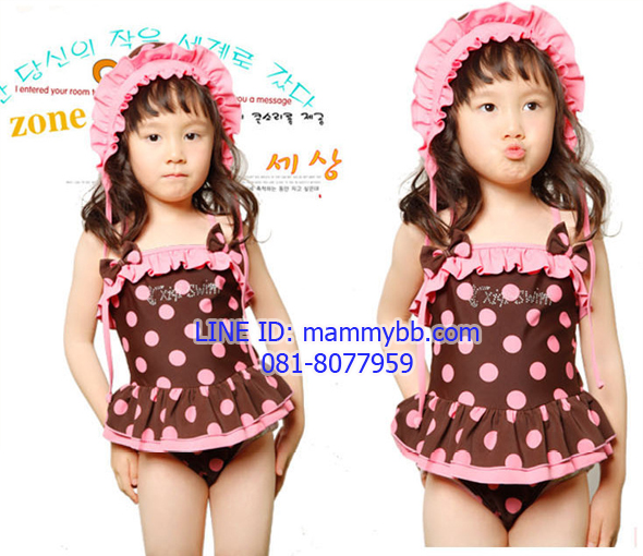 ชุดว่ายน้ำเด็กหญิง แบบ 2 ชิ้น สีชมพูลายจุด มีขนาด L, XL