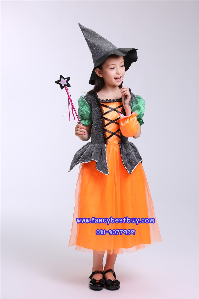 ชุดฮาโลวีนเด็ก ชุดแม่มดสีเขียว+ส้ม สำหรับงานแฟนซี วันฮาโลวีน **รวมหมวก+ไม้ดาว+กระเป๋า** มีขนาด 110, 120, 130, 140