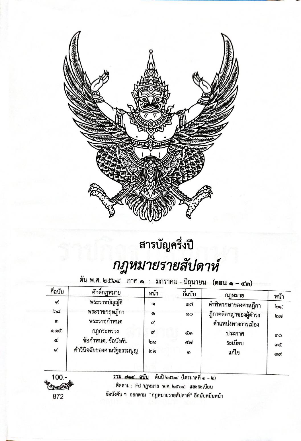 สารบัญครึ่งปี กฎหมายรายสัปดาห์ พ.ศ.2564 (ภาค 1 มกราคม - มิถุนายน ตอนที่ 1 - 43)