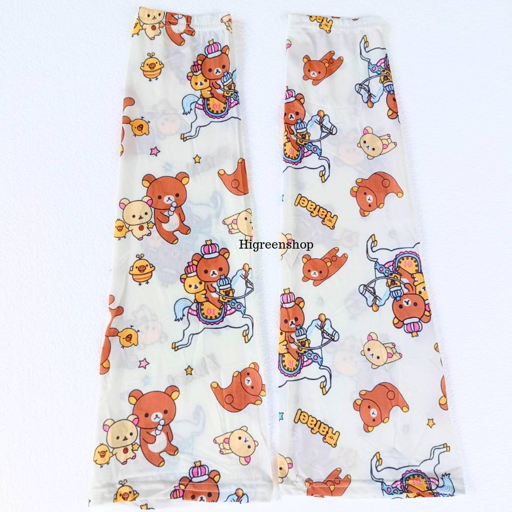 ปลอกแขนผ้าไหมน้ำแข็ง ปลอกแขนกันแดดลายการ์ตูน ป้องกันรังสียูวี แขนจั้ม ปลายบานออก มียางเกี่ยวนิ้ว ยืดหยุ่น ผ้านิ่ม ใส่สบาย