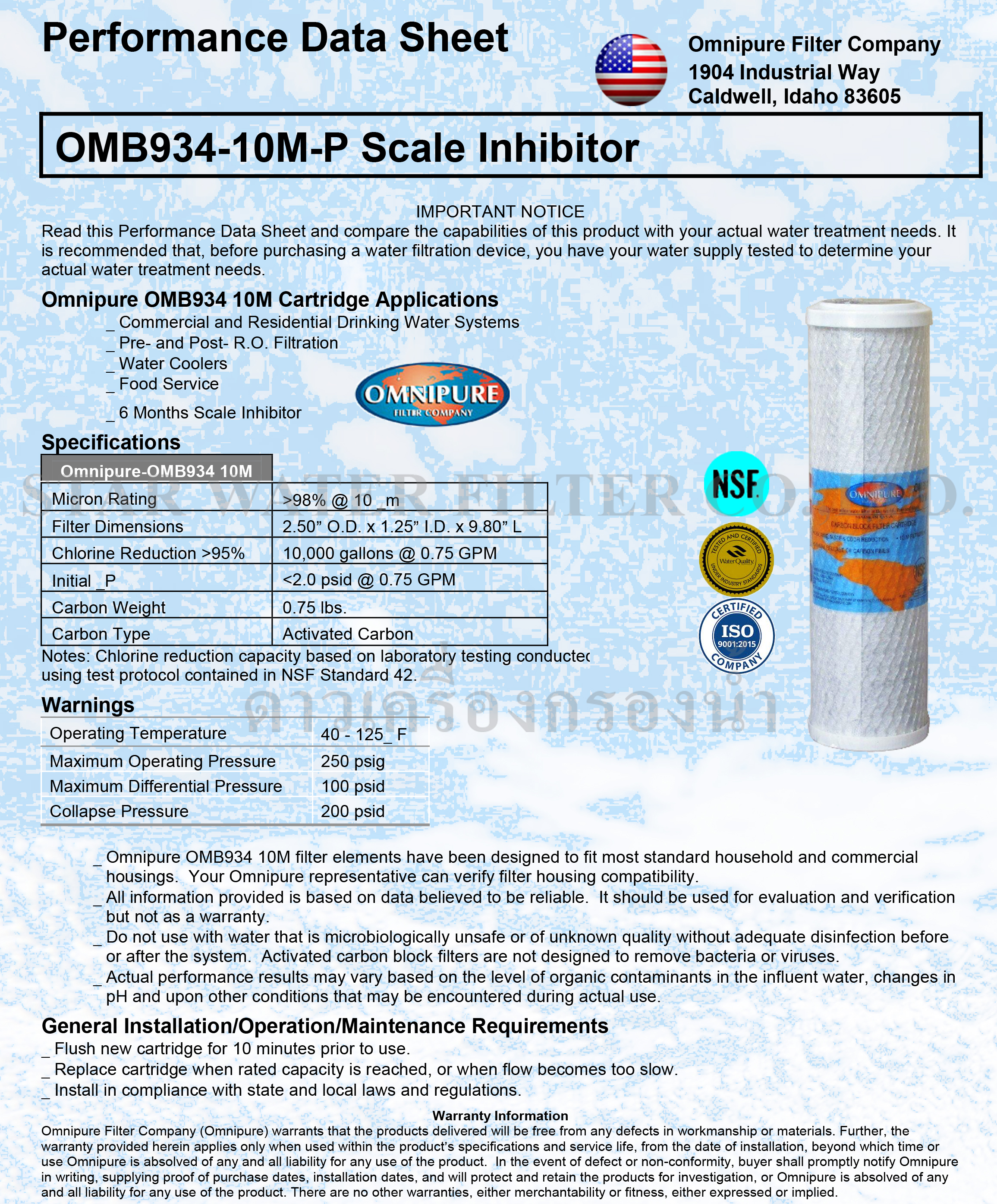 ไส้กรอง Carbon 10 นิ้ว x 2.5 นิ้ว 10 ไมครอน Omnipure USA