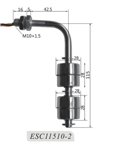 สวิทช์ควบคุมระดับน้ำ 2 Level Horizontal Stainless Float Switch (NC/NO) 4 Wire, ลึก 115 mm, เกลียว M10