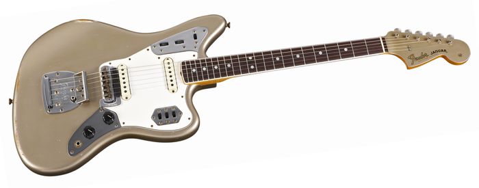 Fender Custom Shop 1965 Jaguar Relic Electric Guitar Master Built by Dale Wilson Shoreline Gold With Matching Painted Head Cap