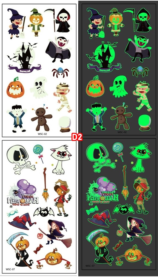 สติกเกอร์ฮาโลวีนรุ่นเรืองแสง GLOWING รอยสักการ์ตูนเด็กใหม่ฮาโลวีน กันน้ำกันเหงื่อ สติกเกอร์รอยสักแบบใช้แล้วทิ้ง แบบ C size 6.8*12 cm.