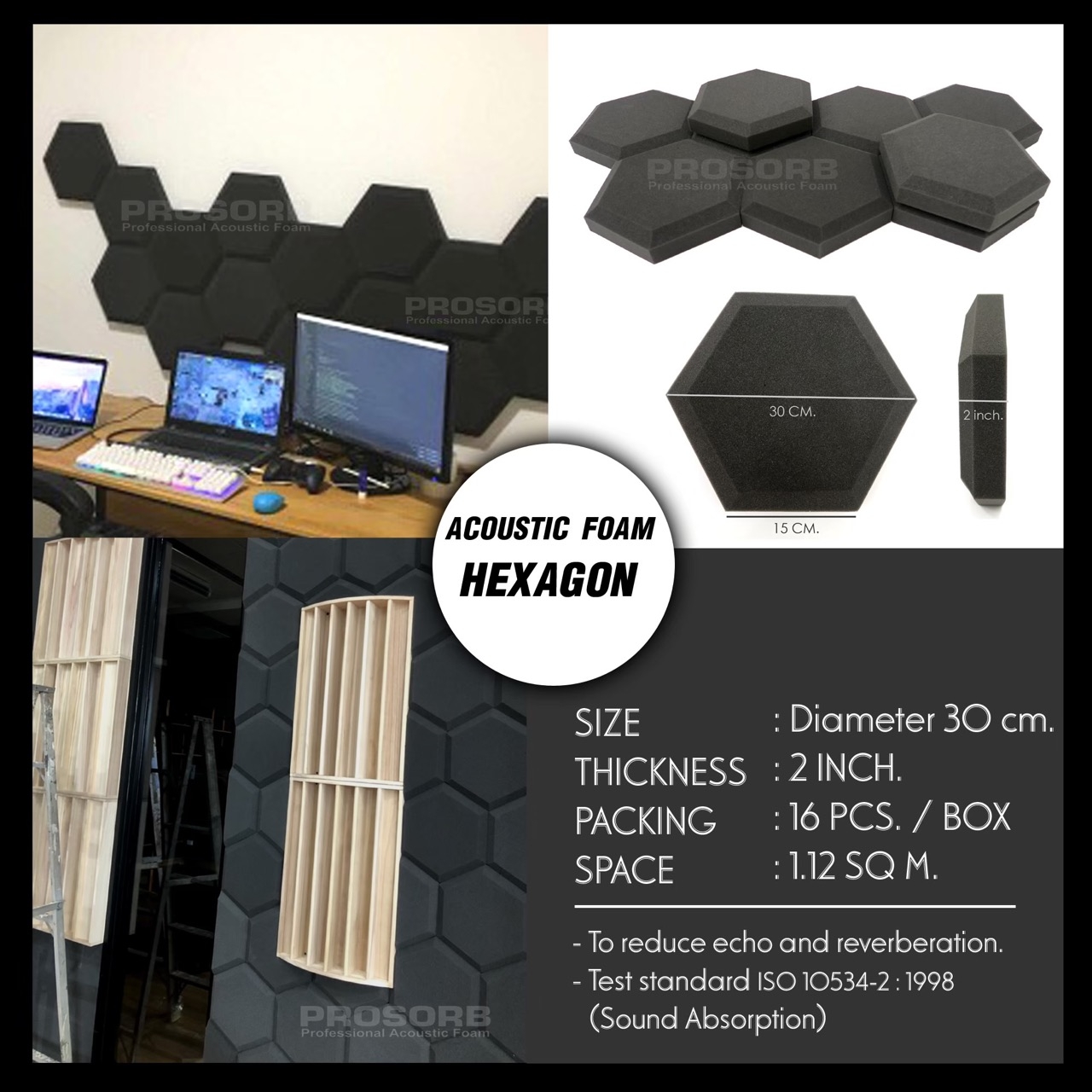 Prosorb Acoustic Foam Hexagon (16 แผ่น/กล่อง)