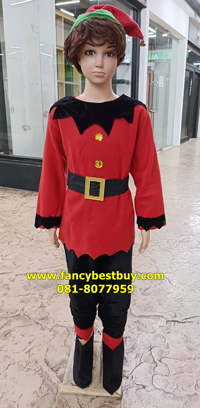 ชุดเอลฟ์ ชุด ELF คริสมาส Christmas Elf Boy สำหรับ เทศกาลคริสมาส ขนาด 100, 110 (ชุดรุ่นนี้เป็นดำแดง รองเท้าดำ ยกเว้นหมวกเขียวแดง) )