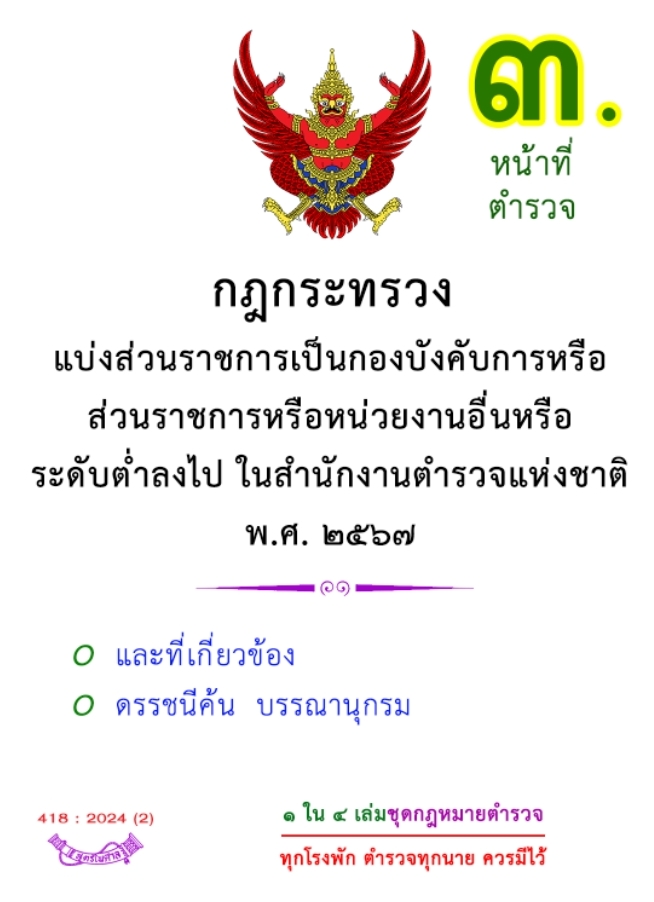 กฎกระทรวงแบ่งส่วนราชการเป็นกองบังคับการหรือส่วนราชการหรือหน่วยงานอื่นหรือระดับต่ำลงไป ในสำนักงานตำรวจแห่งชาติ พ.ศ. 2567