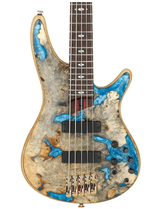 Ibanez Made In Japan Limited JCSR2021NTL Bass Guitar - Buckeye Burl and Blue Resin