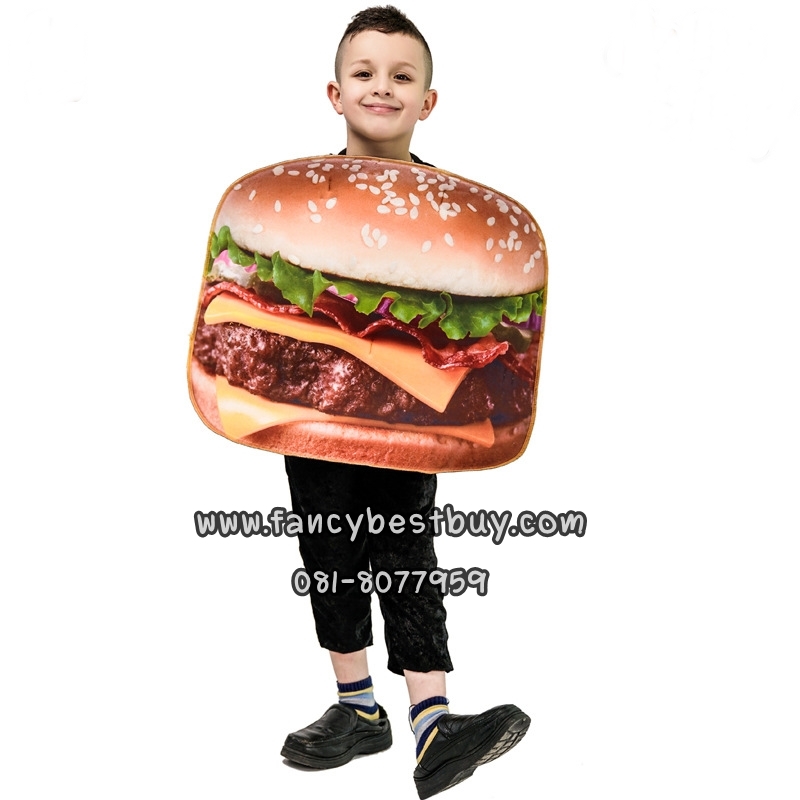 ชุดแฟนซีอาหาร ชุดแฮมเบอร์เกอร์ ชุดแฟนซีเด็ก Hamburger Costume เป็นชุดแฟนซีเด็กหรือชุดมาสคอต สำหรับการแสดง ใช้ได้ทั้งเด็กชายหญิง สำหรับเด็ก 110-140 ซม.