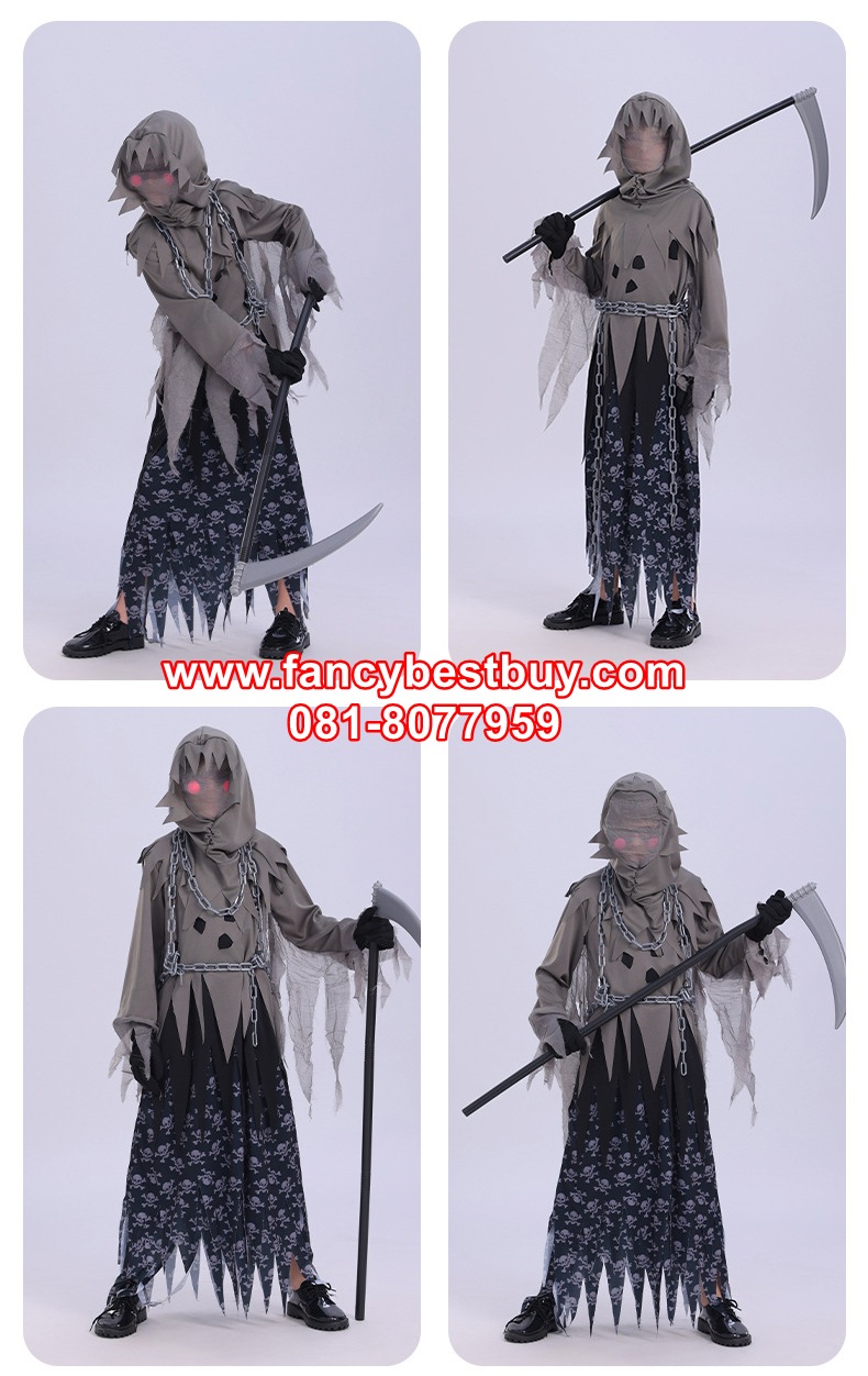 ชุดแฟนซีฮาโลวีน ชุดยมทูต Grim Reaper สำหรับวันฮาโลวีน รวม โซ่ แว่นตาแดง ไม้เคียว มีขนาด S110-120, M120-130, L130-140, XL 140-150