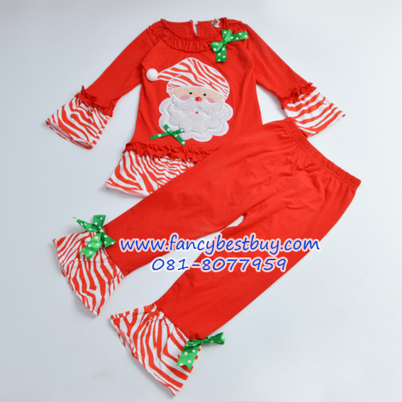 ชุดคริสมาสเด็กหญิง เสื้อลาย SANTA+กางเกง Christmas Costume สำหรับ เทศกาลวันคริสมาส มีขนาด 90, 130
