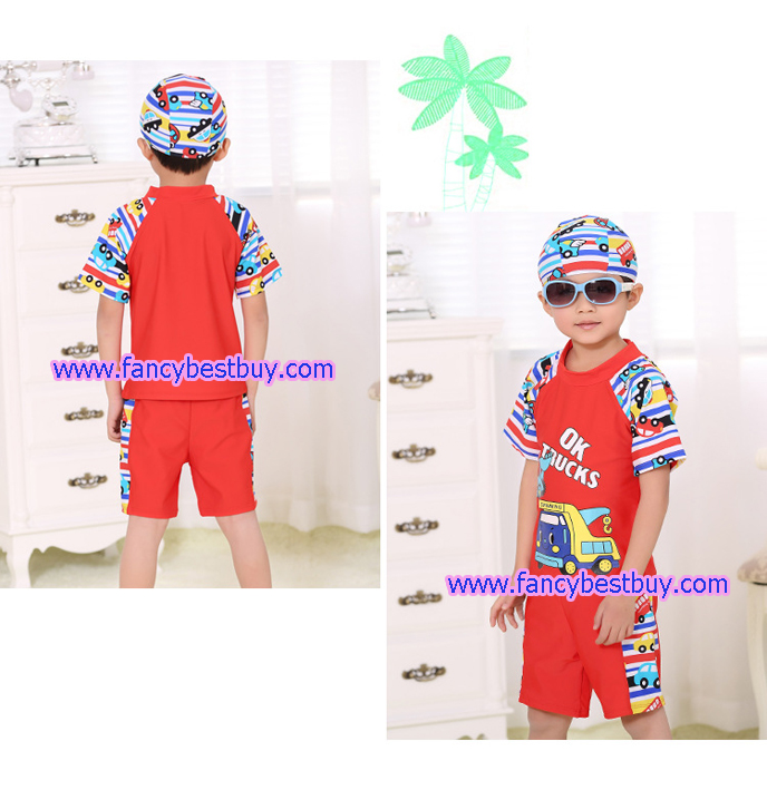 ชุดว่ายน้ำเด็กชาย 3 ชิ้น สีแดง มีขนาด L