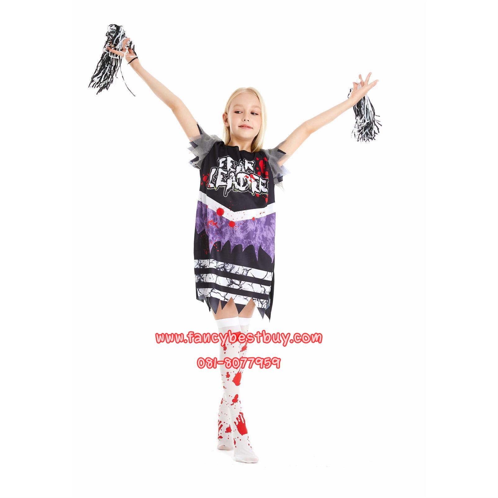 ชุดฮาโลวีนเด็กหญิง ชุดเชียร์ลีดเดอร์เลือด ชุดซอมปี้ สำหรับวันฮาโลวีน Blood Cheer leader Nurse แบบที่ 2 มีขนาด S 110-120, M 120-135 (แถมพู่เชียร์และถุงน่องลายเลือด) สำเนา