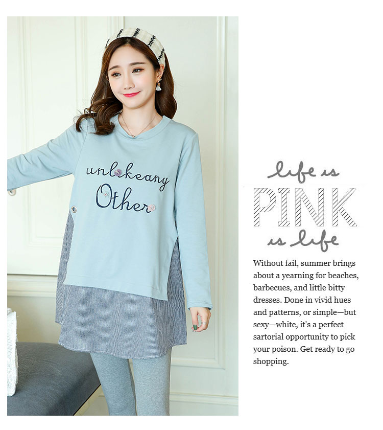 เสื้อยืดคลุมท้องแขนยาวสีเทาอมฟ้า เย็บต่อชายเสื้อลายขาวกรม ผ้าดี งานสวย ใส่บาย น่ารักมากๆค่ะ