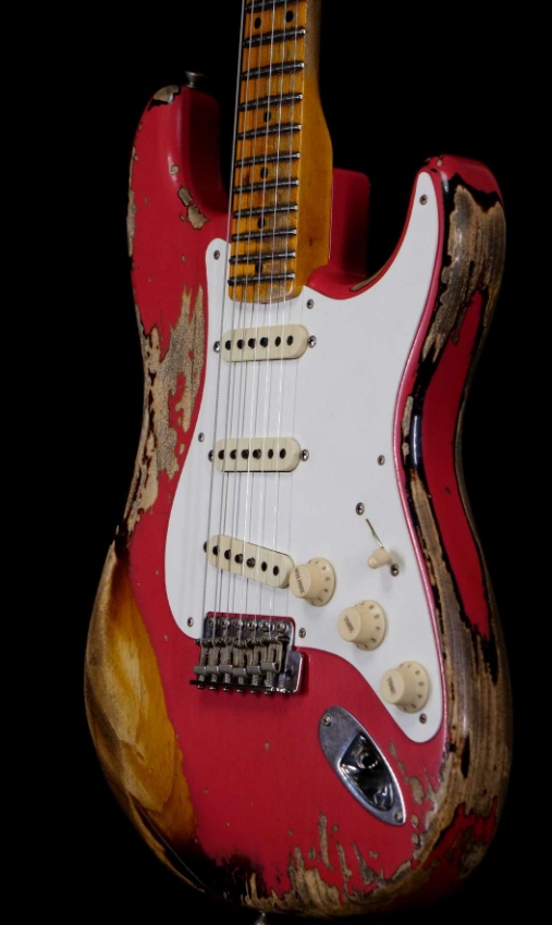 FENDER CUSTOM SHOP LIMITED EDITION 1957 STRATOCASTER HEAVY RELIC HAND-WOUND PICKUPS FIESTA RED OVER 2 TONE SUNBURST