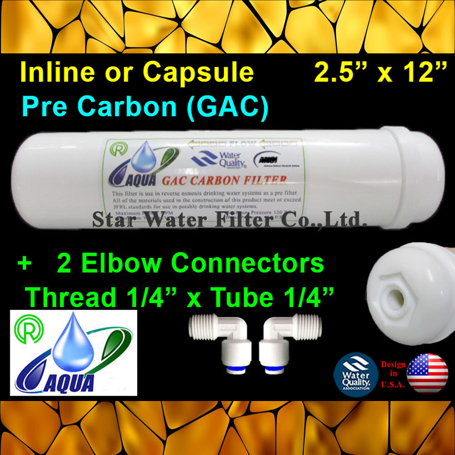 ไส้กรองน้ำ Pre Carbon แคปซูล 12 นิ้ว x 2.5 นิ้ว (หัวเกลียว)+ข้อต่อ Aqua
