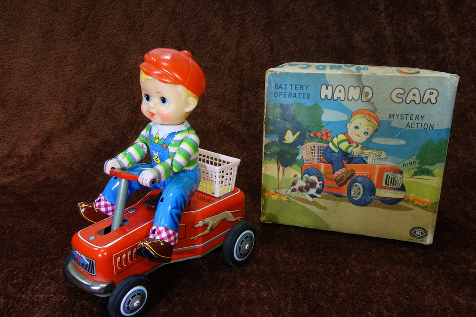 Masudaya Boy on Handcar Battery Tin Toy