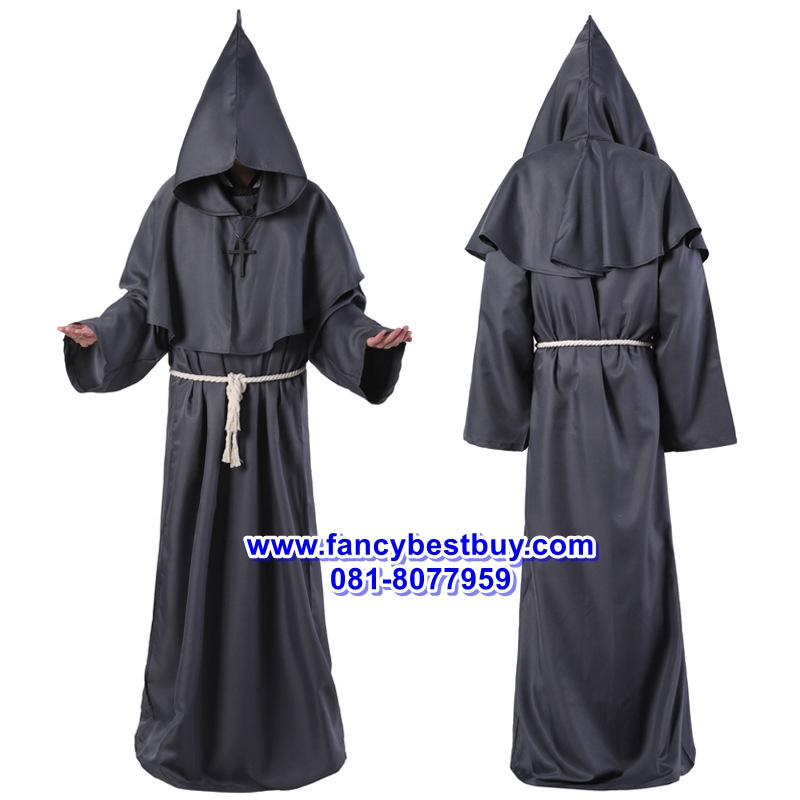ชุดแฟนซีผู้ชาย เสื้อคลุมพระสงฆ์ยุกกลาง พ่อมด ชุดนักบวช สีดำ BLACK Color ขนาด M 170-175, L 175-180