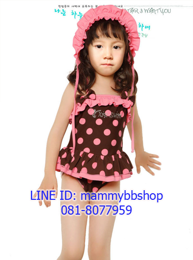ชุดว่ายน้ำเด็กหญิง แบบ 2 ชิ้น สีชมพูลายจุด มีขนาด L, XL