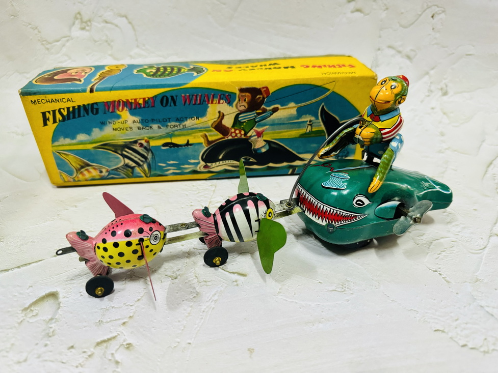 50s TPS Fishing Monkey on Whale Wind up Tin Toy