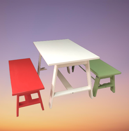 โต๊ะไม้เล็กๆ โต๊ะเขียนหนังสือเด็ก พร้อม 2 ม้านั่ง ขนาดโต๊ะ W 55 x L 90 x H 55 Cms.สีขาว เขียว แดง