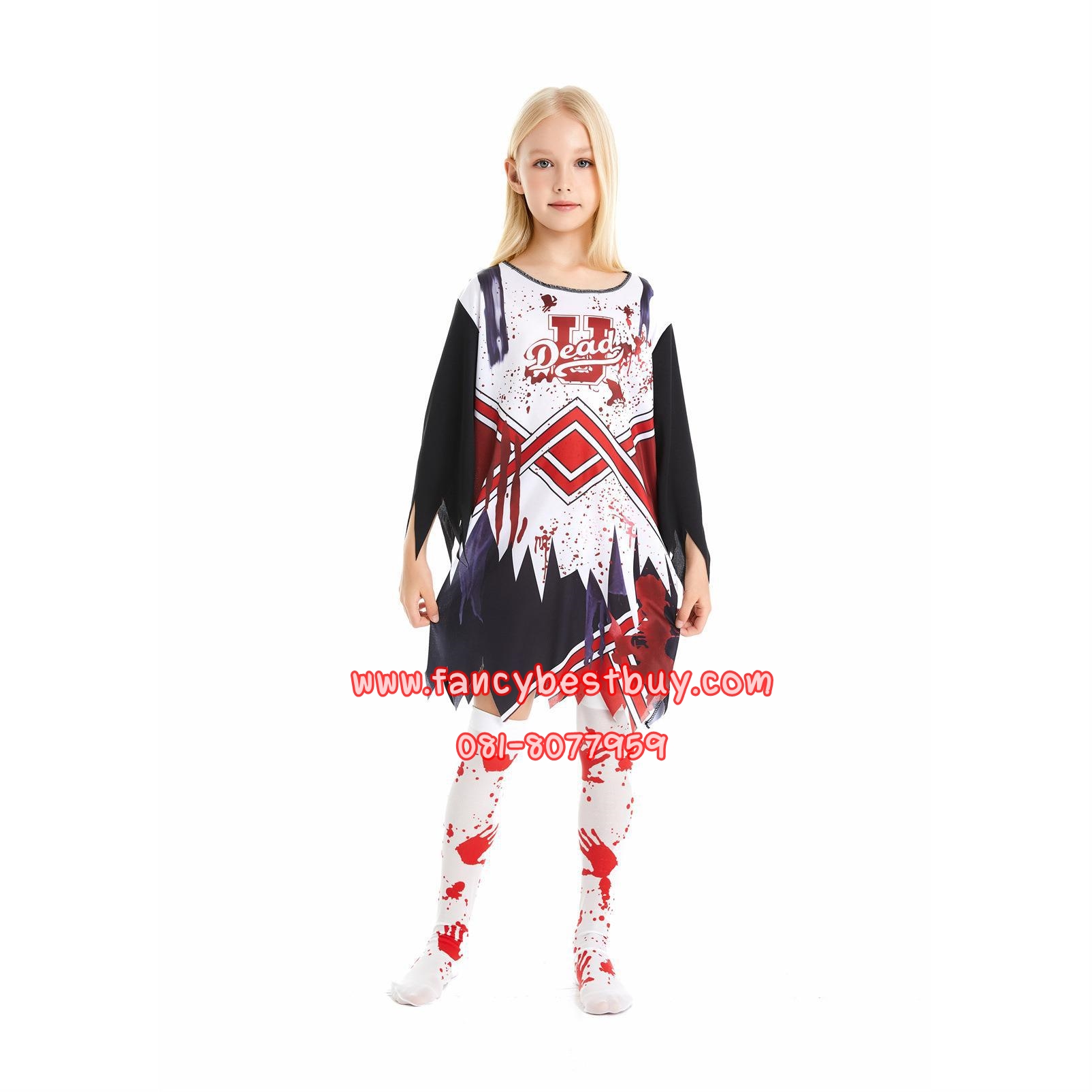 ชุดฮาโลวีนเด็กหญิง ชุดเชียร์ลีดเดอร์เลือด ชุดซอมปี้ สำหรับวันฮาโลวีน Blood Cheer leader Nurse แบบที่ 1 มีขนาด S 110-120 (แถมพู่เชียร์และถุงน่องลายเลือด)