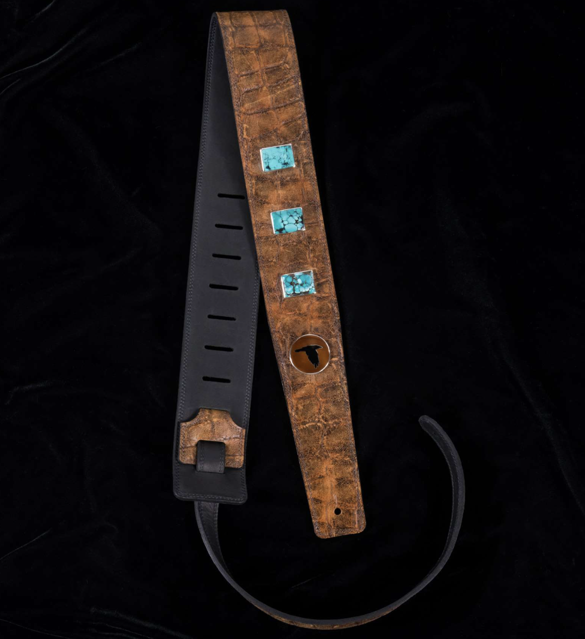 The Raven Works 3-Stone Turquoise/Amber-and-Black Reptile Guitar Strap