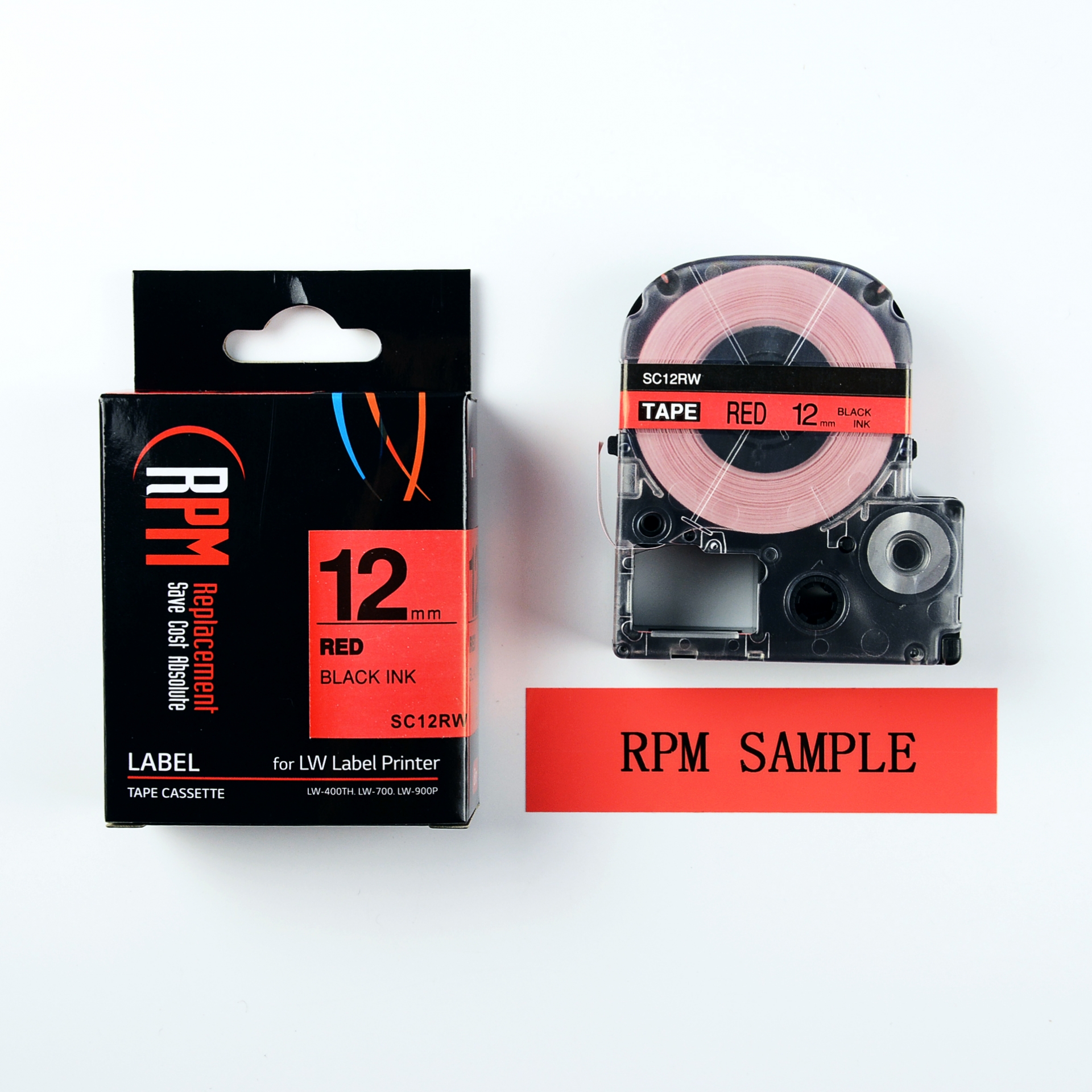 เทปพิมพ์อักษร 12 มม. อักษรดำพื้นแดง RPM SC12RW (แบบเทียบเท่า