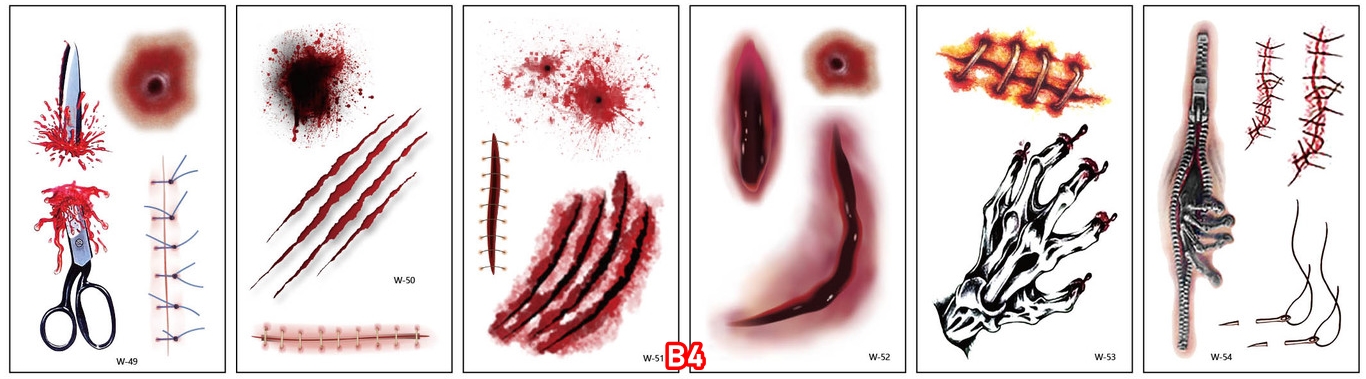 สติกเกอร์ฮาโลวีน รอยแผลฮาโลวีน กันน้ำกันเหงื่อ สติกเกอร์รอยสักแบบใช้แล้วทิ้ง แบบ B size 5.7*9.7 cm.
