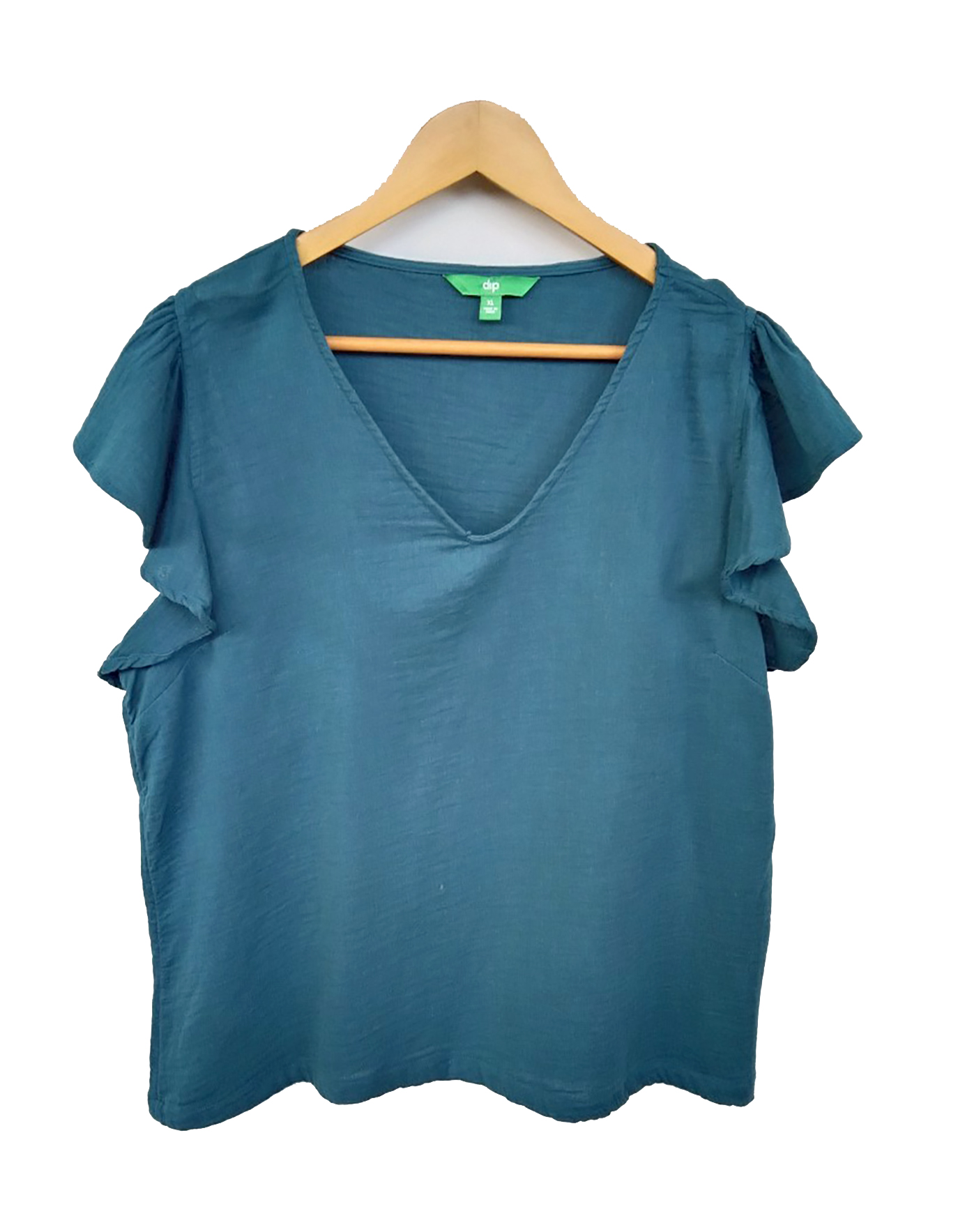 เสื้อมือสอง คอวีกว้าง ผ้าฝ้ายสีเขียว แขนสั้นระบาย อก 44-46 นิ้ว