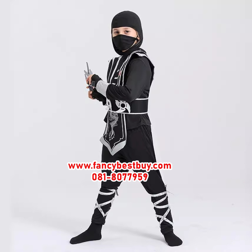 ชุดนินจา BLACK-SILVER NINJA + อาวุธนินจา มีขนาด S 100-110, L 120-130, XL 130-140