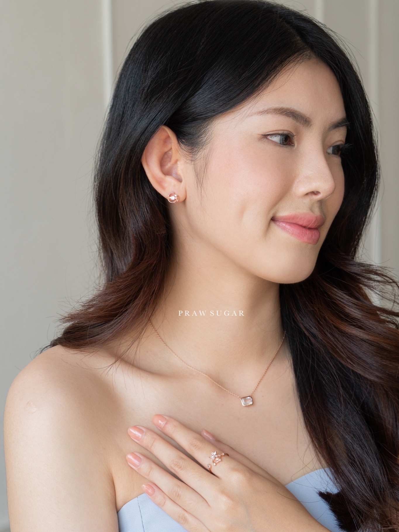Rose Quartz Baguette Gemstone Necklace - สร้อยคอจี้โรสควอซทรงสี่เหลี่ยม (เรือนสร้อยเงินแท้)(มี 2 สี)