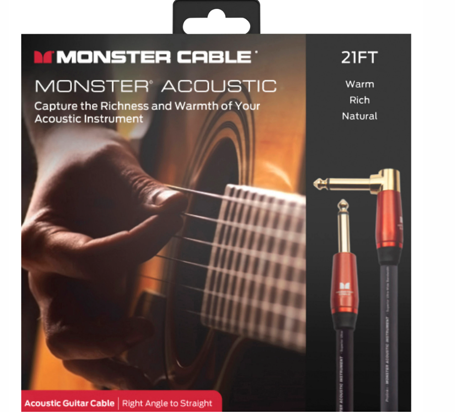 Monster Cable Prolink Acoustic Pro Audio Instrument Cable, Right Angle to Straight 21 ft. Black