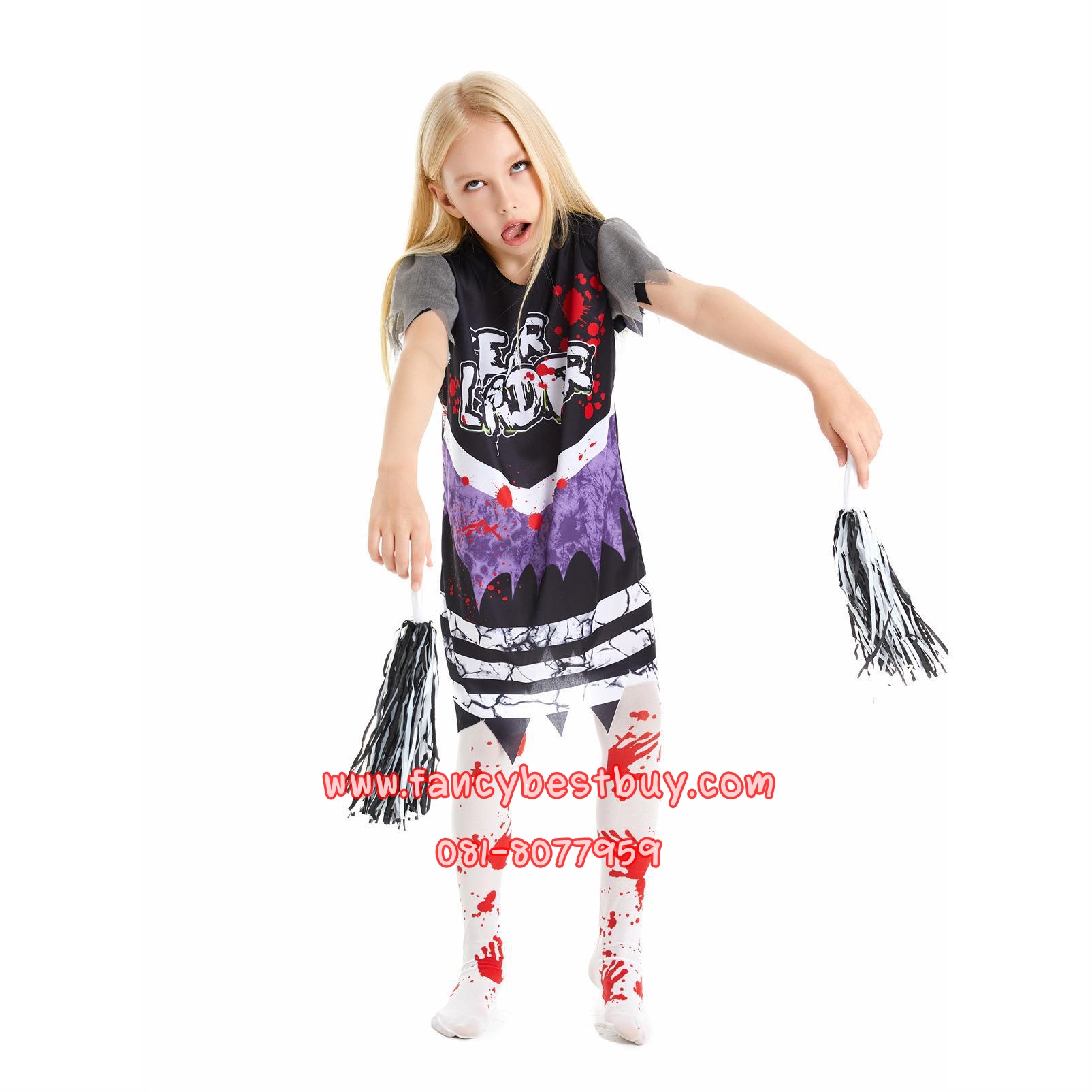 ชุดฮาโลวีนเด็กหญิง ชุดเชียร์ลีดเดอร์เลือด ชุดซอมปี้ สำหรับวันฮาโลวีน Blood Cheer leader Nurse แบบที่ 2 มีขนาด S 110-120, M 120-135 (แถมพู่เชียร์และถุงน่องลายเลือด) สำเนา