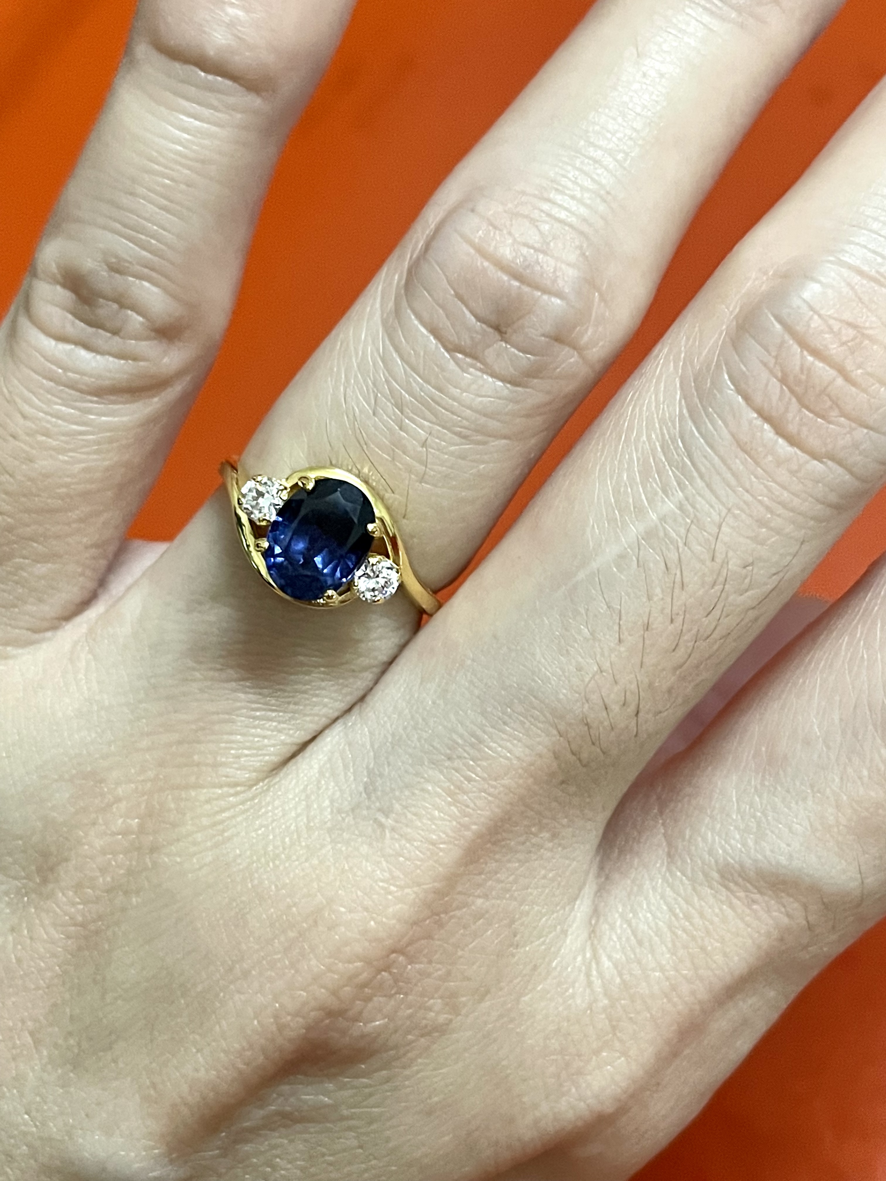 แหวนพลอยน้ำเงิน บ่าเพชรรัสเซีย ทองแท้