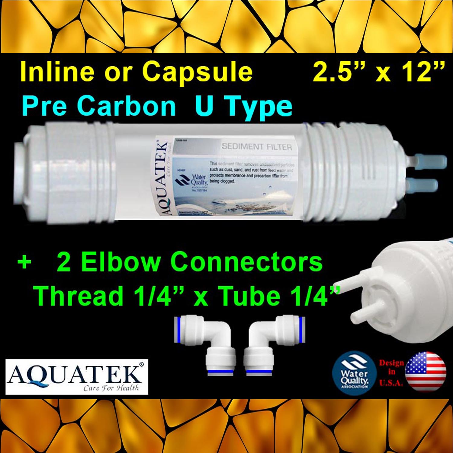 ไส้กรอง Inline Pre Carbon 12"x2.5" (พร้อมข้อต่อ) U Type Aquatek