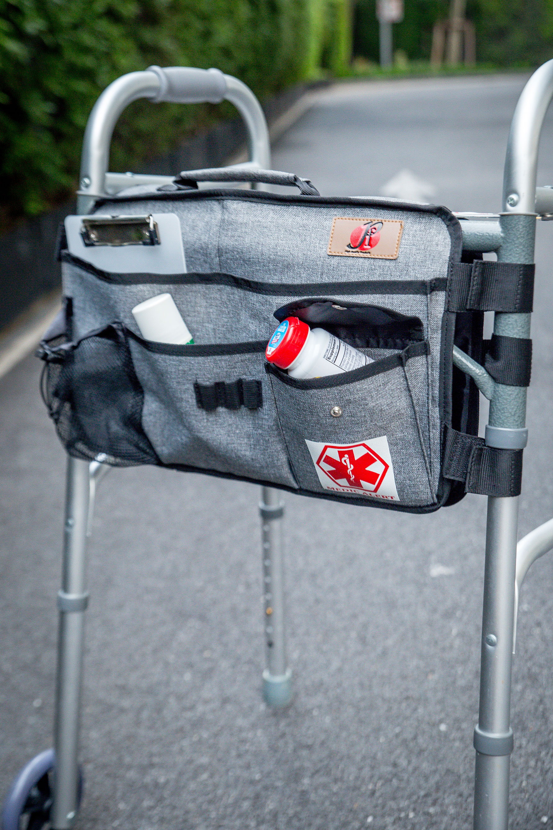 Walker Bag(Double-Sided) with Cup Holder for Walker by P&F | Deluxe Walker Accessories | Attachments Pouch for Rollator or Folding Walker (Gray)