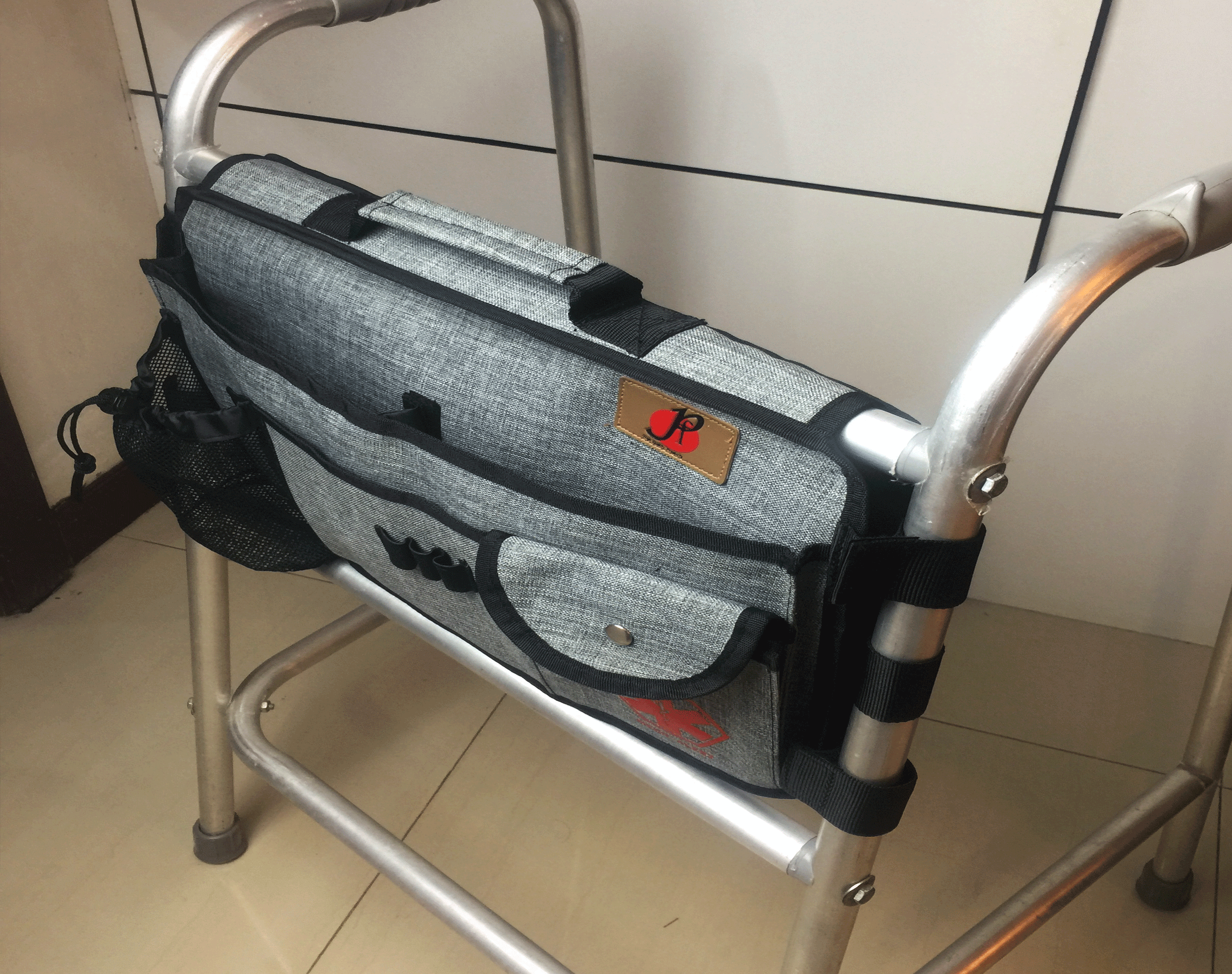 Walker Bag(Double-Sided) with Cup Holder for Walker by P&F | Deluxe Walker Accessories | Attachments Pouch for Rollator or Folding Walker (Gray)