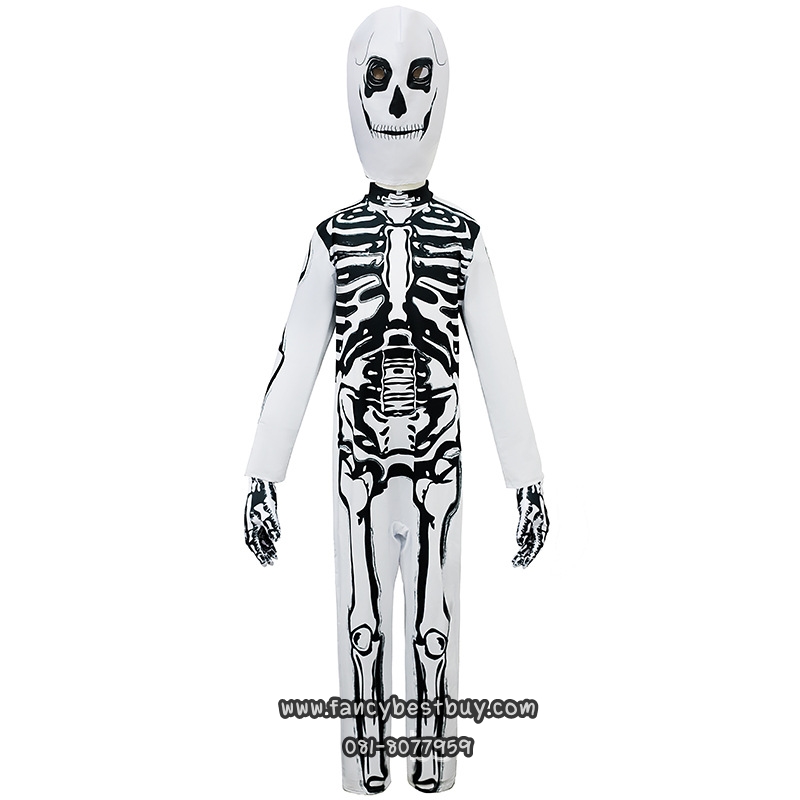 ชุดฮาโลวีน ผีโครงกระดูกพื้นขาว สำหรับวันฮาโลวีน Skeleton มีขนาด L 125-135 (รวมหน้ากากและถุงมือ)