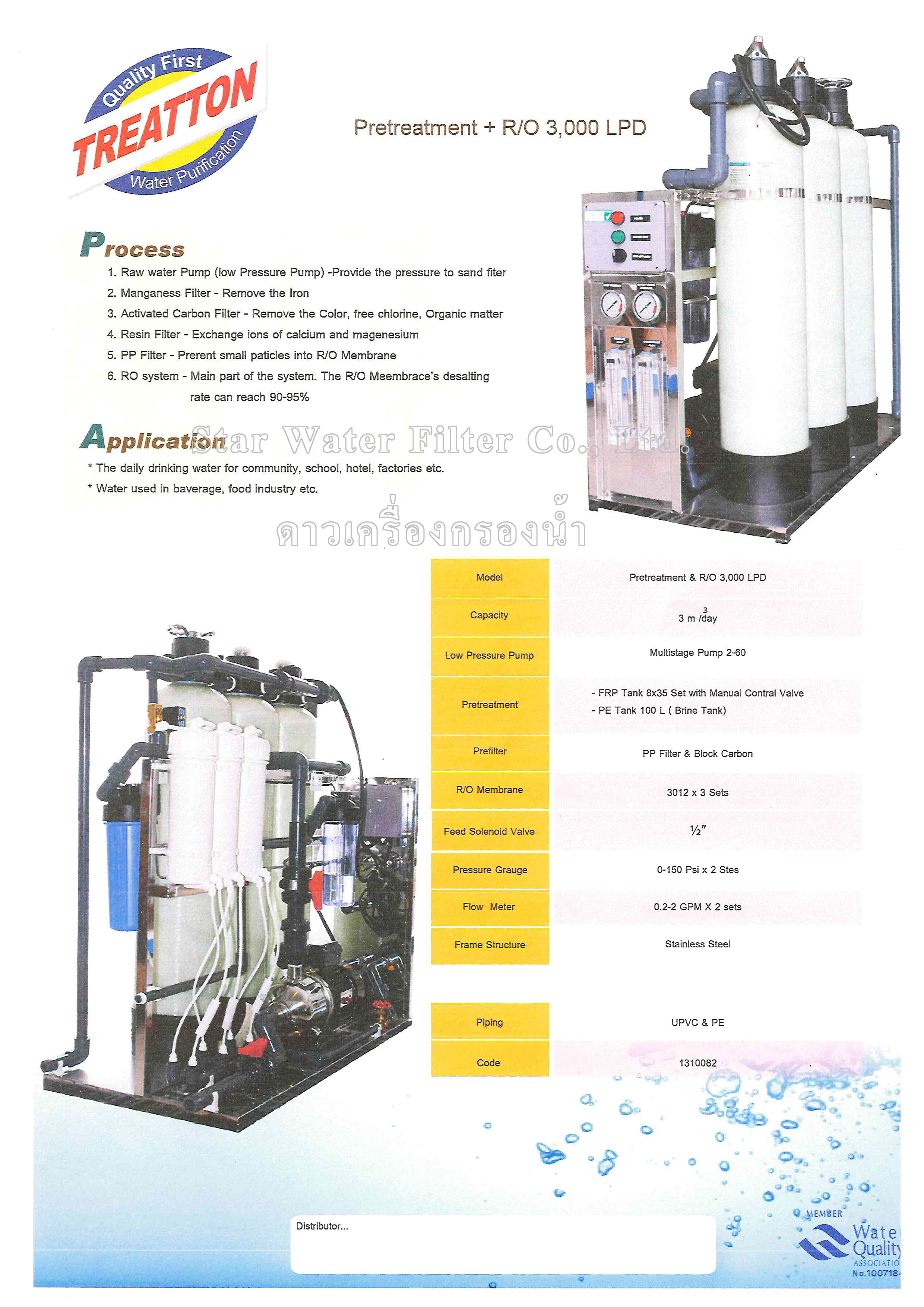 เครื่องกรองน้ำ RO กำลังผลิต 900 GPD (3000 ลิตร/วัน) Pre-Treat Treatton