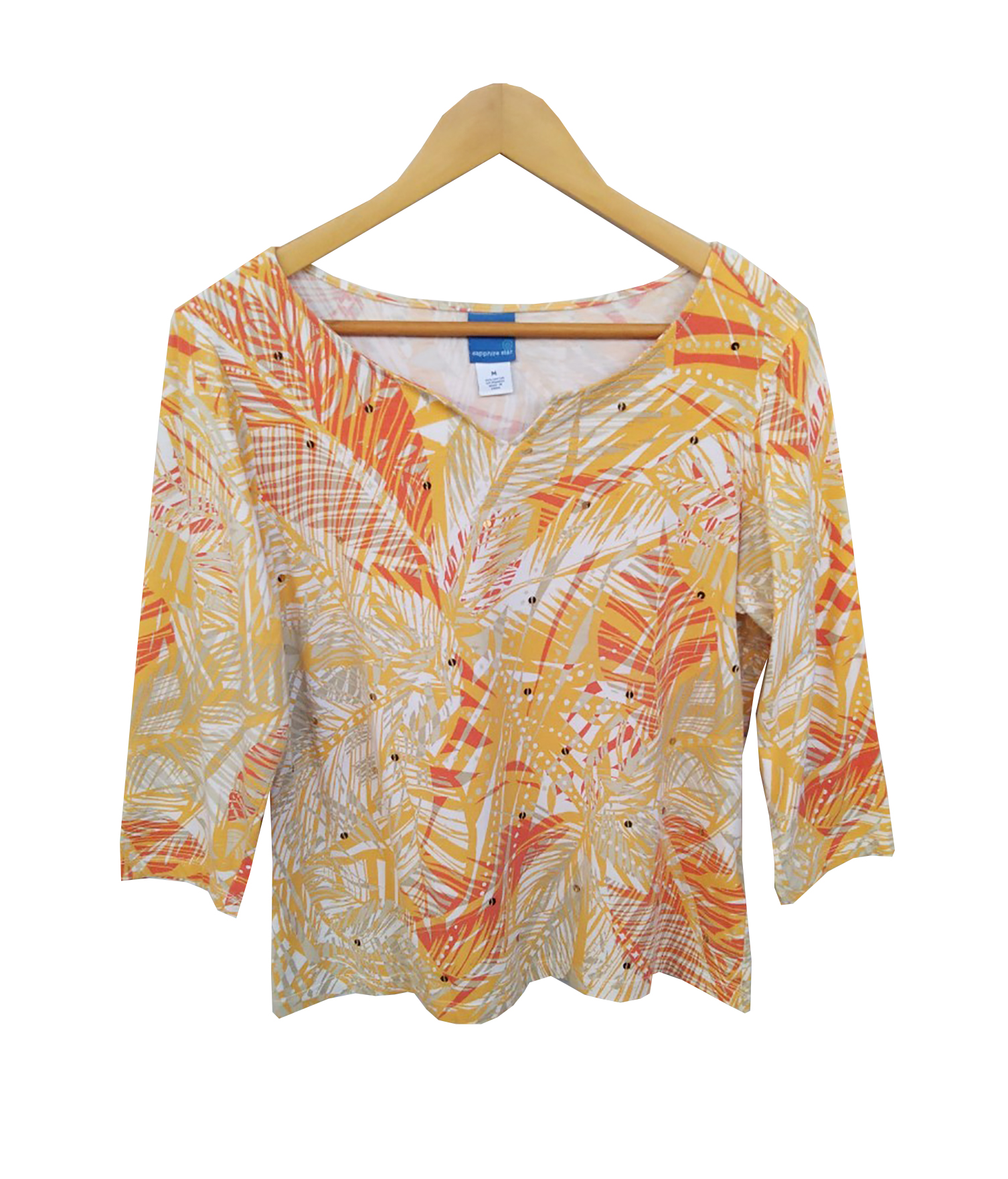 เสื้อมือสอง คอกว้าง ผ้ายืด สีส้ม เหลือง ลาย แขน 3 ส่วน อก 38-40 นิ้ว
