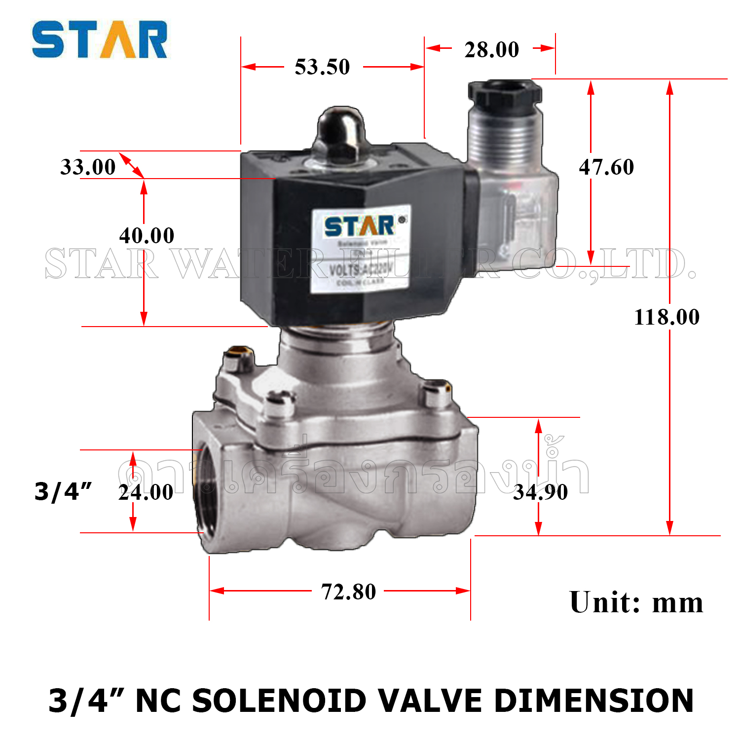 Solenoid Valve (NC) คอยล์กันน้ำ 3/4 นิ้ว (6 หุน) Star