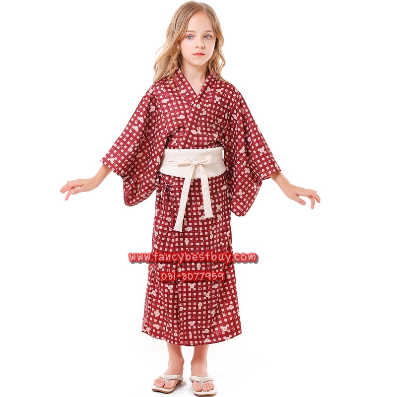 ชุดประจำชาติญี่ปุ่น ชุดกิโมโนเด็กหญิง สีแดง ขนาด M 115-125, L 125-140