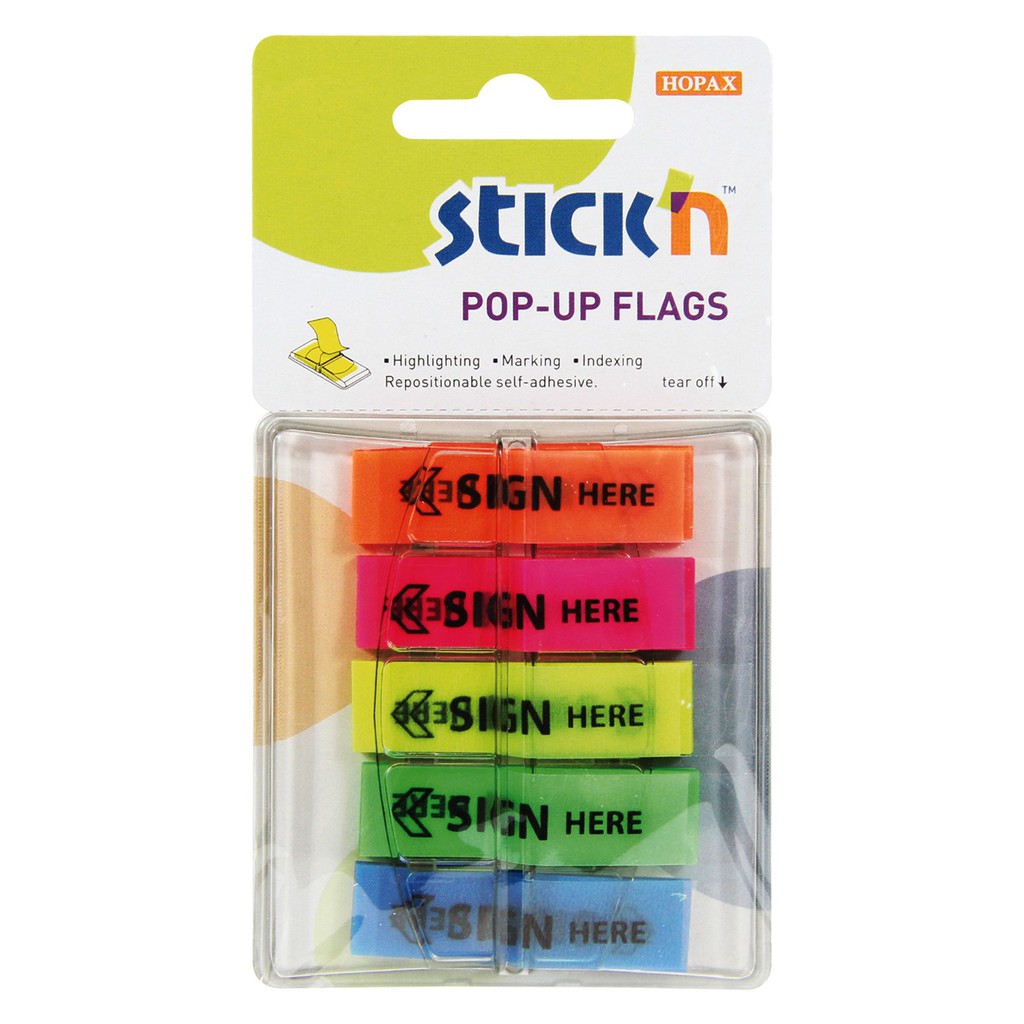 ฟิล์มดัชนี Pop-Up Flags พิมพ์ SIGN HERE STICK’N #26004 ขนาด 45×12 มม. (5 เล่ม/แพ็ค) คละสีนีออน