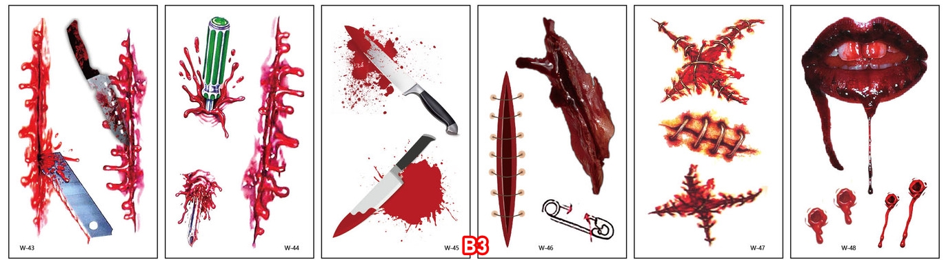 สติกเกอร์ฮาโลวีน รอยแผลฮาโลวีน กันน้ำกันเหงื่อ สติกเกอร์รอยสักแบบใช้แล้วทิ้ง แบบ B size 5.7*9.7 cm.