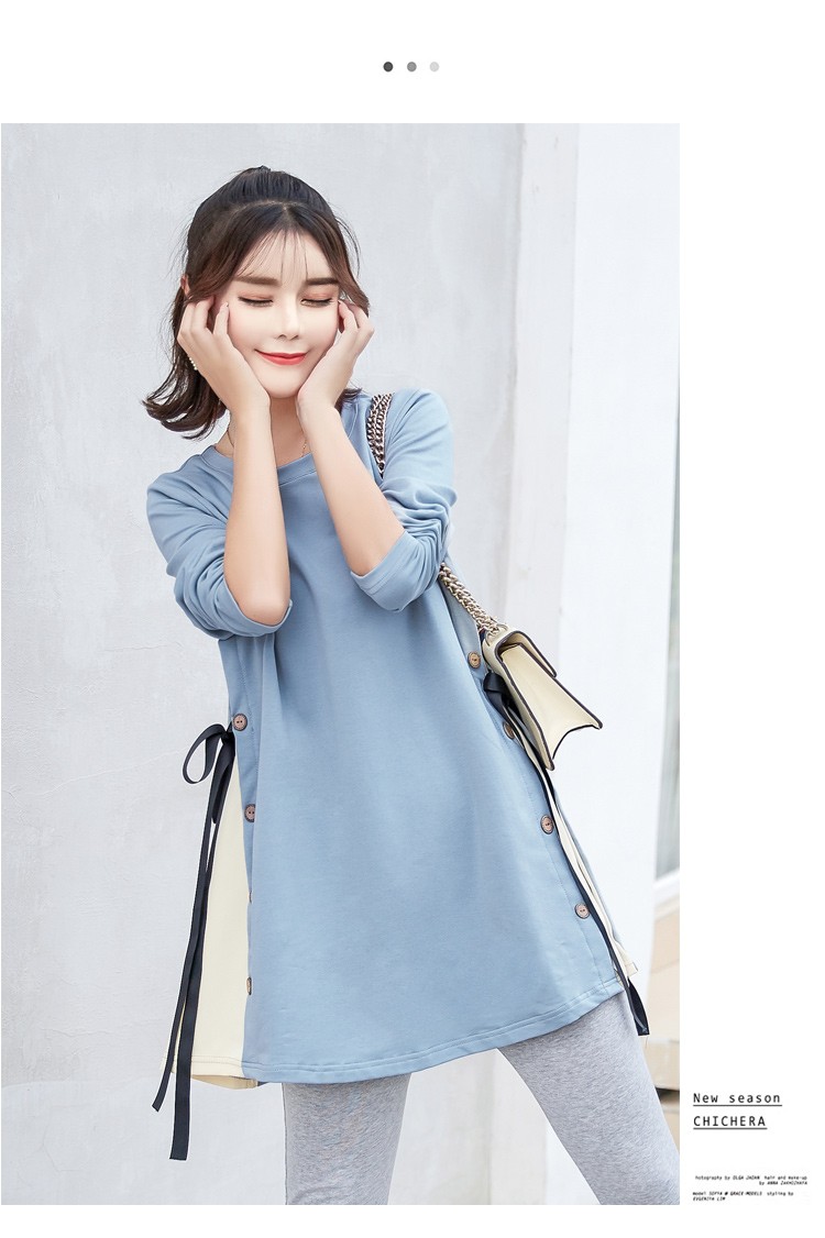 เสื้อยืดคลุมท้องแขนยาวสีเทา ผ่าข้างและแต่งด้วยกระดุมเก๋ๆ มีสายผูกด้านข้าง ผ้านุ่ม งานสวย ใส่บาย น่ารักมากๆค่ะ