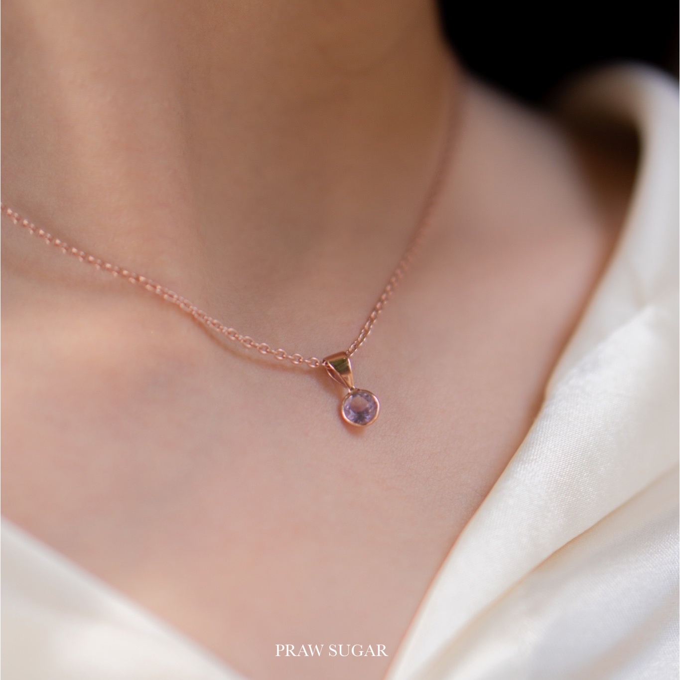 Amethyst Round Gem Stone Necklace 3mm - สร้อยคอพลอยแท้อเมทิสจี้ทรงกลม ขนาด 3mm (มี 2 สี) (สร้อยเป็นเงินแท้)